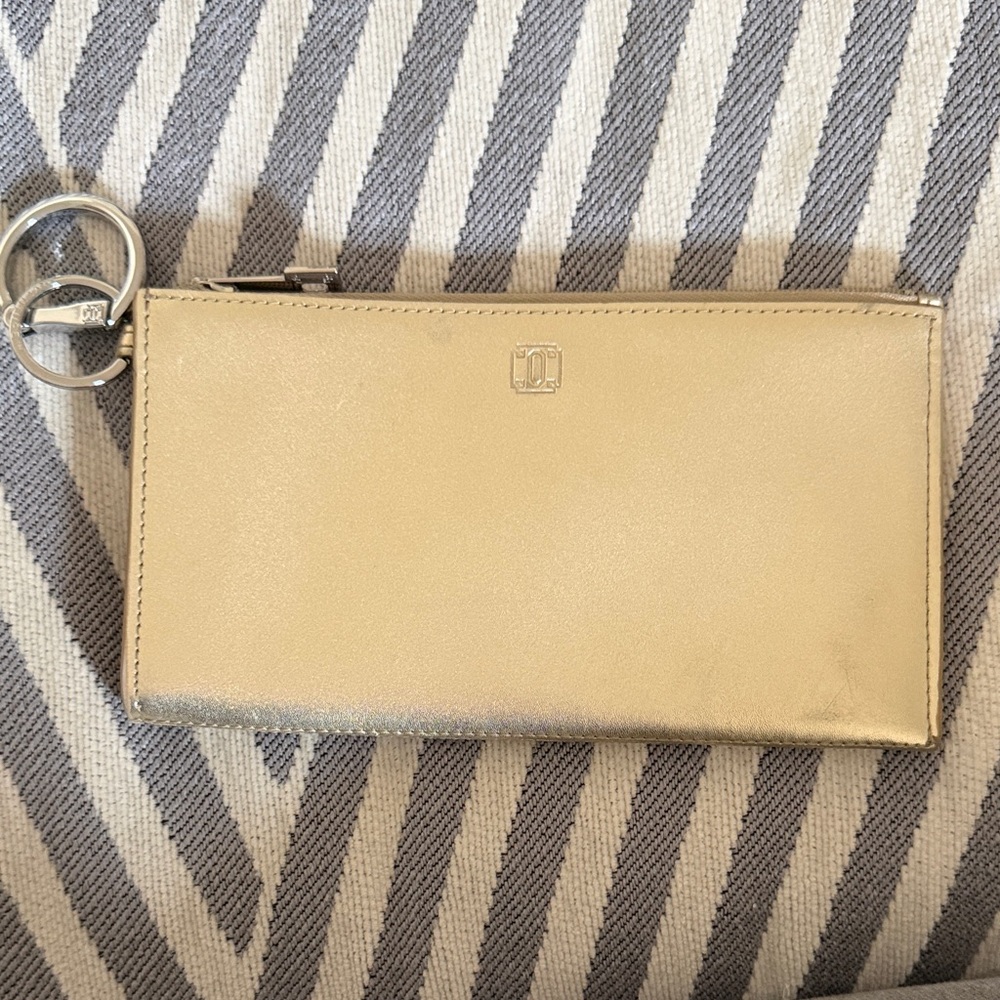 Metallic Gold Zip Wallet with Key Ring and Subtle Logo